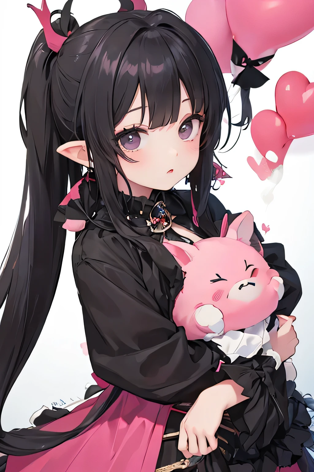 a young girl with black long hair, black eyes and pink dress, she have a cute expression. with a ponytail