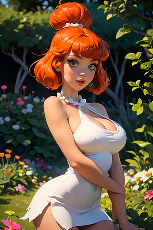 foreground, redhead girl, smooth white skin freckles , with green eyes , voluminous lips, perfect slender and detailed body, abundant breasts and, green landscape transparent micro bikini,