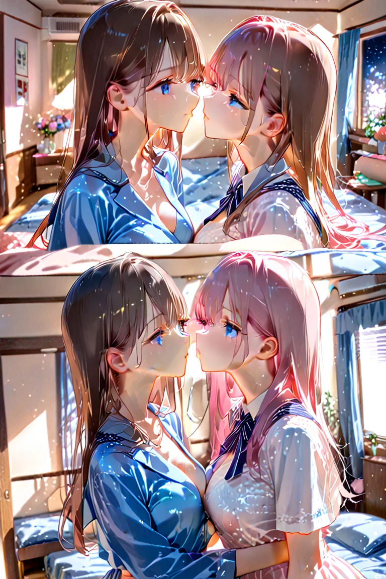 Anime - style illustration of two women kissing in a café, Extremely detailed Artgerm, WLOP and Sakimichan, Range Murata and Artgerm, nixeu and sakimichan, sakimichan and frank franzzeta, Guviz-style artwork, kissing together cutely, 8K high quality detailed art,huge tit,Blush