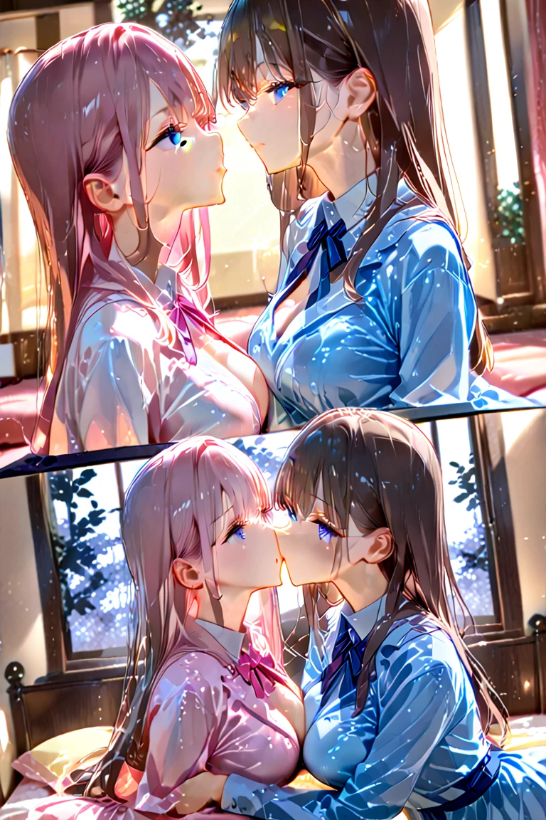 (masterpiece, best quality, ultra-detailed, high resolution, detailed eyes), {vulgar}, nsfw, takeda hiromitsu style, {{{2women}}}, {school girl uniform, collar}, looking at viewer, 1boy, fellatio, licking penis, pov, (blushing:1.3), (drool:1.4), (breath:1.3), orgasm face, sweaty skin, tears
