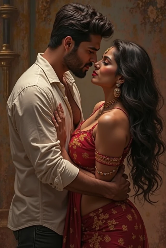 (seductive) a close up of a man kissing a girl in a sleeveless saree, man is half nude, ((red lips, bright eyes, curve heir 1.5)), ((beautiful details very big breast )), (Straight round and ultra huge clevage, not sagging breast), A glorious gorgeous, glorious gorgeous face, pretty face, bright eyes, white saree, updo elegant hair, blurred gray tones background, ultra focus, face ilumined, face detailed, 8k resolution, painted, dry brush, brush strokes, razumov style and garmash style, by Tokaito, ((Full Open )), full body, sexy open thin belly, night ambience