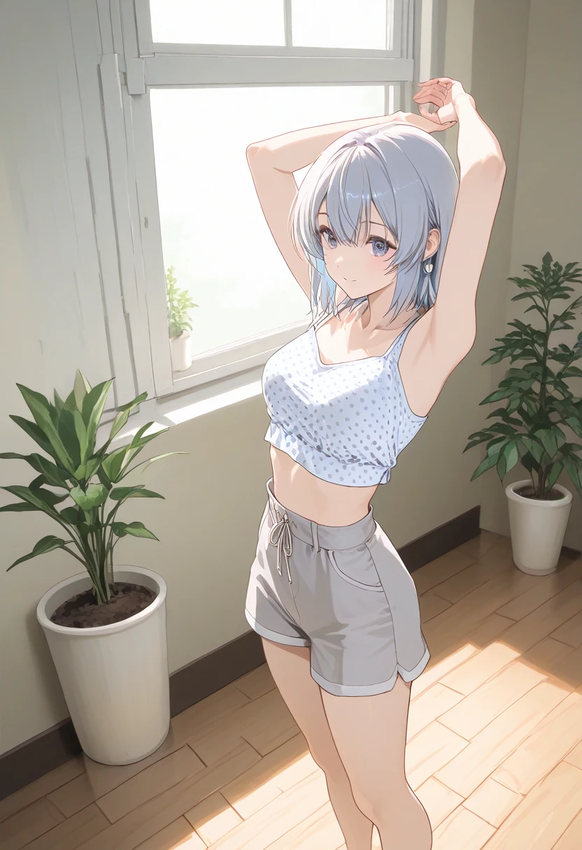 masterpiece, 8k, 1 girl, Looking at the audience, full body, shy face, ( expression details : 1.3 ), ( professional lighting) White hair, pony style, crop top underwear, no bra, changing clothes, Stomach, shorts, random bedroom background, ( weather : after rain ) wet, wet clothes, sweaty, wet hair, hard nipple, medium chest, Sit,