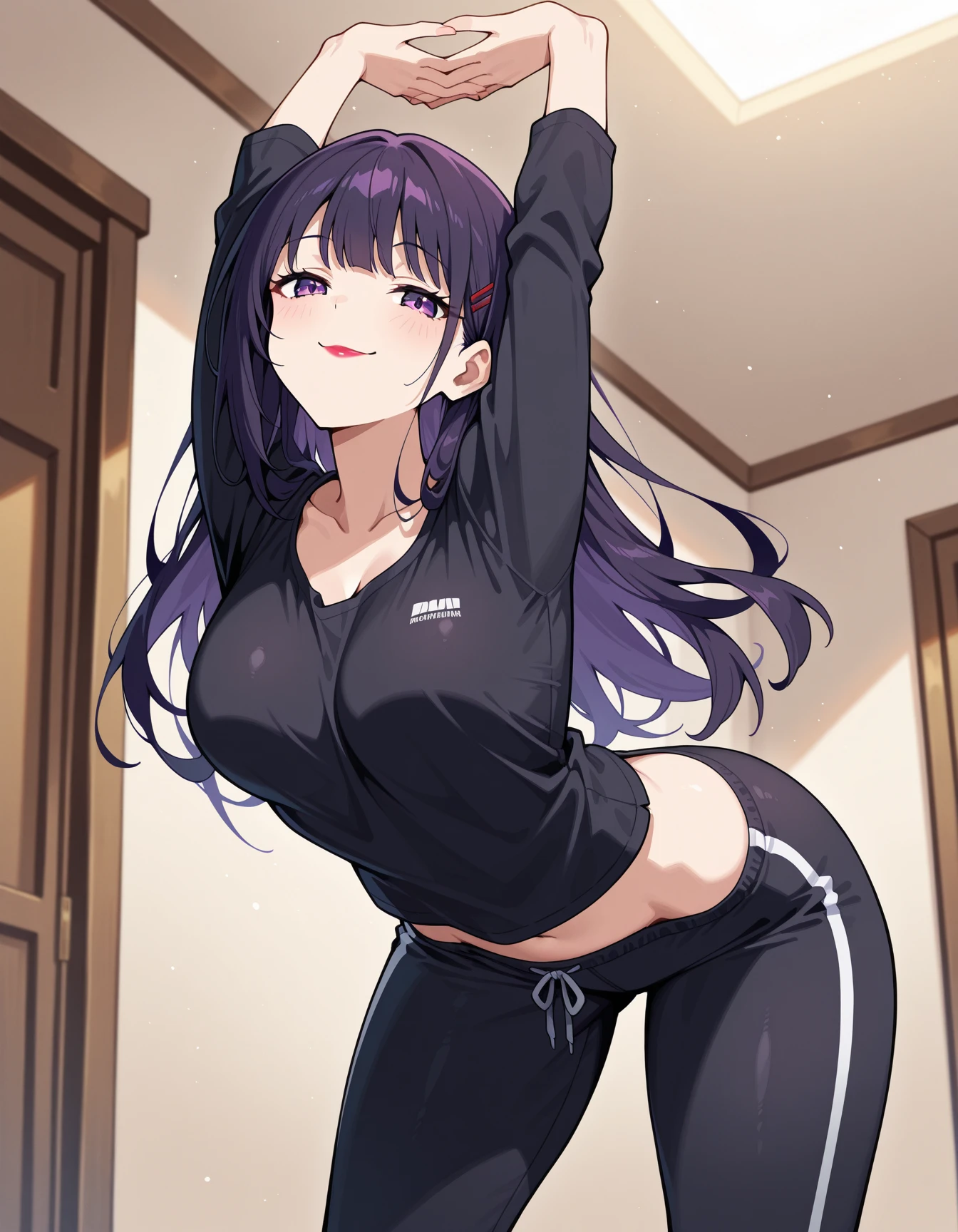 (masterpiece), (best quality, ultra-high resolution, depth of field:1.2), (perfect anatomy), (adult), 1woman, (petit body), (wide hips:1.2), (small breasts:1.2), brown eyes, bright pupils, black hair, messy hair, long hair, (hair between eyes), bangs, (purple under-eye makeup), baggy clothes, (wearing a purple cropped shirt), (black leggings), gym scenery, shy, (blushing), seductive smile
