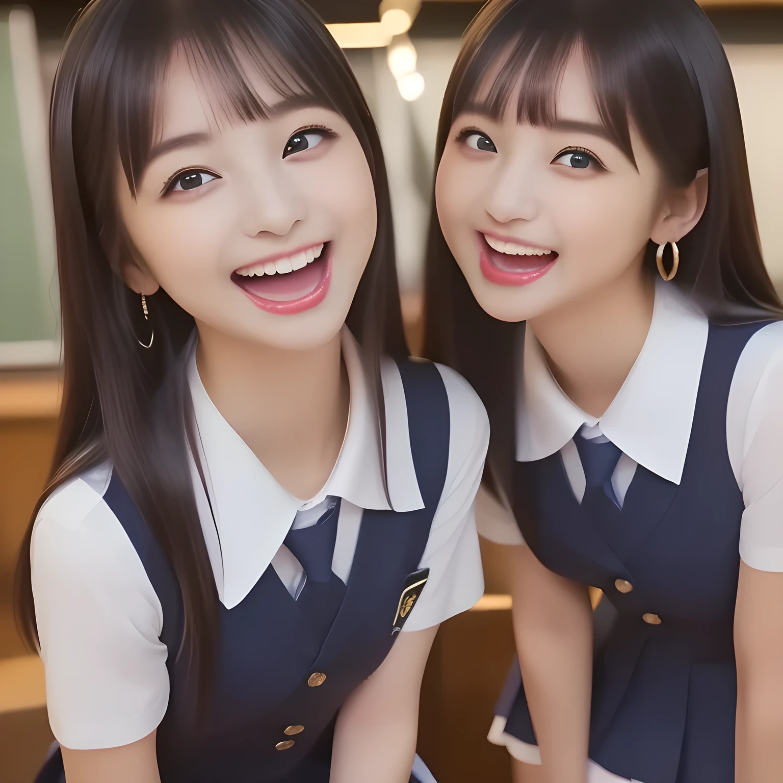 (highest quality, masterpiece, high resolution:1.2), 4K, (Clearly detailed foreground: 1.8), geometry, (Two succubi of Cute noble beautiful slender girl girly Japanese photo model are (singing in a classic music hall) and looking at the viewer with her too beautiful eyes like laughing fashion model: 1.3), (Using expensive face-whitening cosmetics to make her skin more beautiful and pure by professional makeup artist: 1.5), ((Dark blue) Japanese school girly vest Uniform with neat girly light-yellow short-sleeves school blouse, puffed short sleeves: 1.2), (white socks and school loafers, kicking back: 1.5), (Dark red glossy glossy school ribbon on the breast: 1.0), (Extremely laughing cheeks: 1.8), (Beautiful light-amber large clear open eyes with balanced and detailed cutely: 1.4), (double eyelids: 1.0), (highly curled bangs: 1.2), (Expressing the greatest joy with her whole body: 1.2), (Glossy lips: 1.0), (too long hair reaches her hips: 1.7), (cute earrings), (making the viewer crazy with her beautiful hands: 1.6), (white and clear skin: 1.0), (Laughing cute princess's eyes looking at me: 0.8), (Everything is organized to have strong effect of hypnosis for the viewer to fall into happy dream with many beautiful girls: 1.5), (The girls know well about the viewer's super fetishism for school uniforms, and satisfies it completely: 1.7)