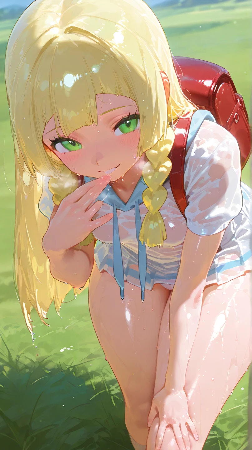 a girl is urinating in the bush by the river, blonde long hair, forehead, from below, spread legs, tiny breasts, spread pussy, green eyes, school swimsuit