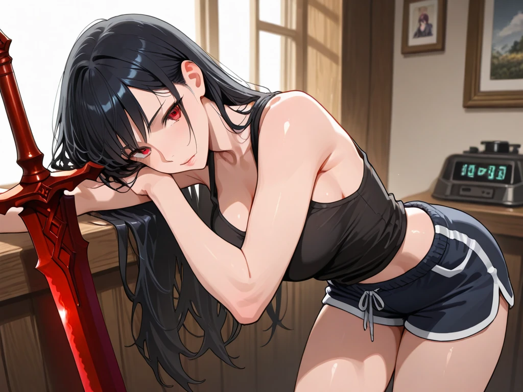 anime panel,upper body, 1girl,solo Korean, black curly hair, with red highlights, ponytail, red slanted eyes, casual clothes,black high neck blouse, necklace, ear piercings, kitchen background , smiling , blushing, looking at the viewer