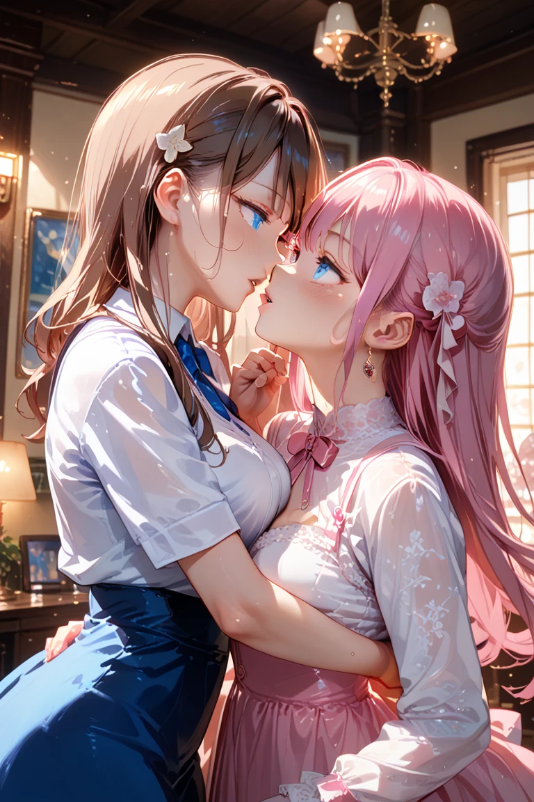 From above, (Close ~ eyes:1.2) One Girl, blush, sit, nsfw,beautiful girl,Light blue skirt, Anime move,Two Side Up、(Gloss Lip)、Thick lips,Kissing Face