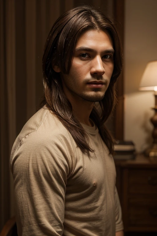 Un hombre sentado con pelo largo hasta su hombros, that he is skinny brown but not so marked in his features. His name is Saul and he speaks English.