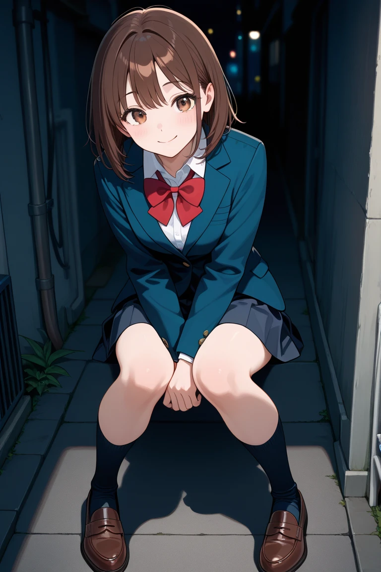 kuwanamaki, black hair with brown highlights, red eyes, thighs, short skirt,
