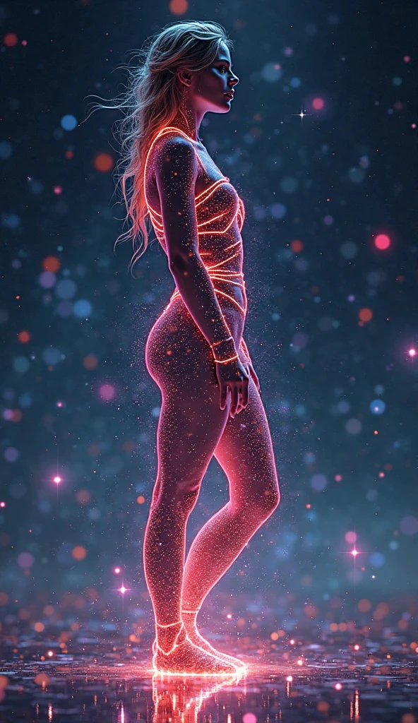 ((Ultra-Langzeitbelichtungsfotografie)) High quality, Highly detailed, Colorful beautiful woman silhouette made from thousands of neon dots, beautiful silhouette, Electronic devices such as a very light gray PC in the background, Highly detailed,