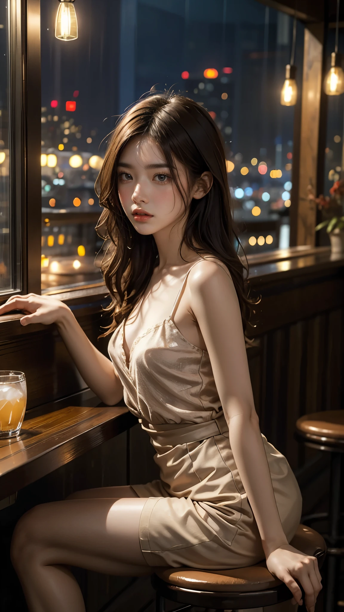 ((extreme close up)), side view, watching camera, A sophisticated bar setting exudes an atmospheric glow, featuring stylish dim lighting and a cozy ambiance. In sharp focus, a thin Japanese actress in her 20s, with tied medium, loosely curled brown hair, sits on a bar stool. Dressed in a formal tight silky long dress, licking a short cocktail. inviting me to drink together, The scene captures an elegant, intimate mood, enriched by warm lighting and rich textures, creating a masterpiece of visual allure., from side, UHD, masterpiece, anatomically correct, textured skin, super detail, nipple slip