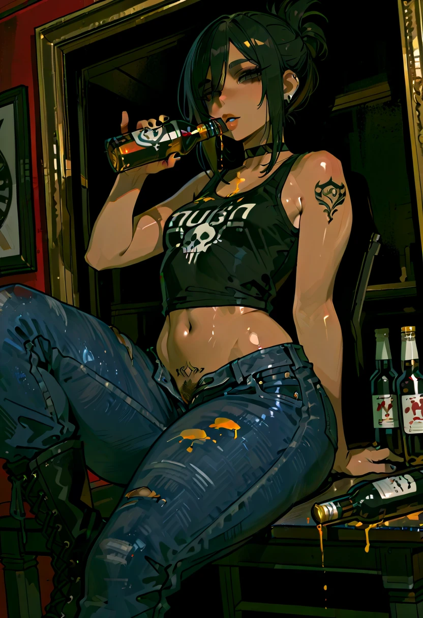Tattooed emo girl riding on a goth guy's cock with a chain collar and a padlock while the girl with her tits exposed and nipple piercings has piercings on her face and tongue and clit inside a dirty bathroom full of graffitis, show pussy, show dick, semen, squirt, orgasm, excited face, tongue out, drool falling on her own breasts, blushing, the girl is holding a bottle of beer, cum on mouth. Drug face, golden shower, SQUIRT