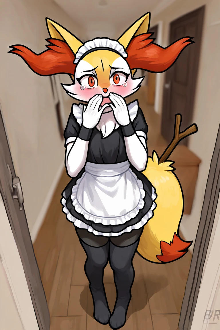 score_9,score_8_up,score_7_up, anthro female sylveon, maid dress, black panties, vagina, panties aside, human doing doggystyle sex, penis, cum, pov, indoors, looking back.