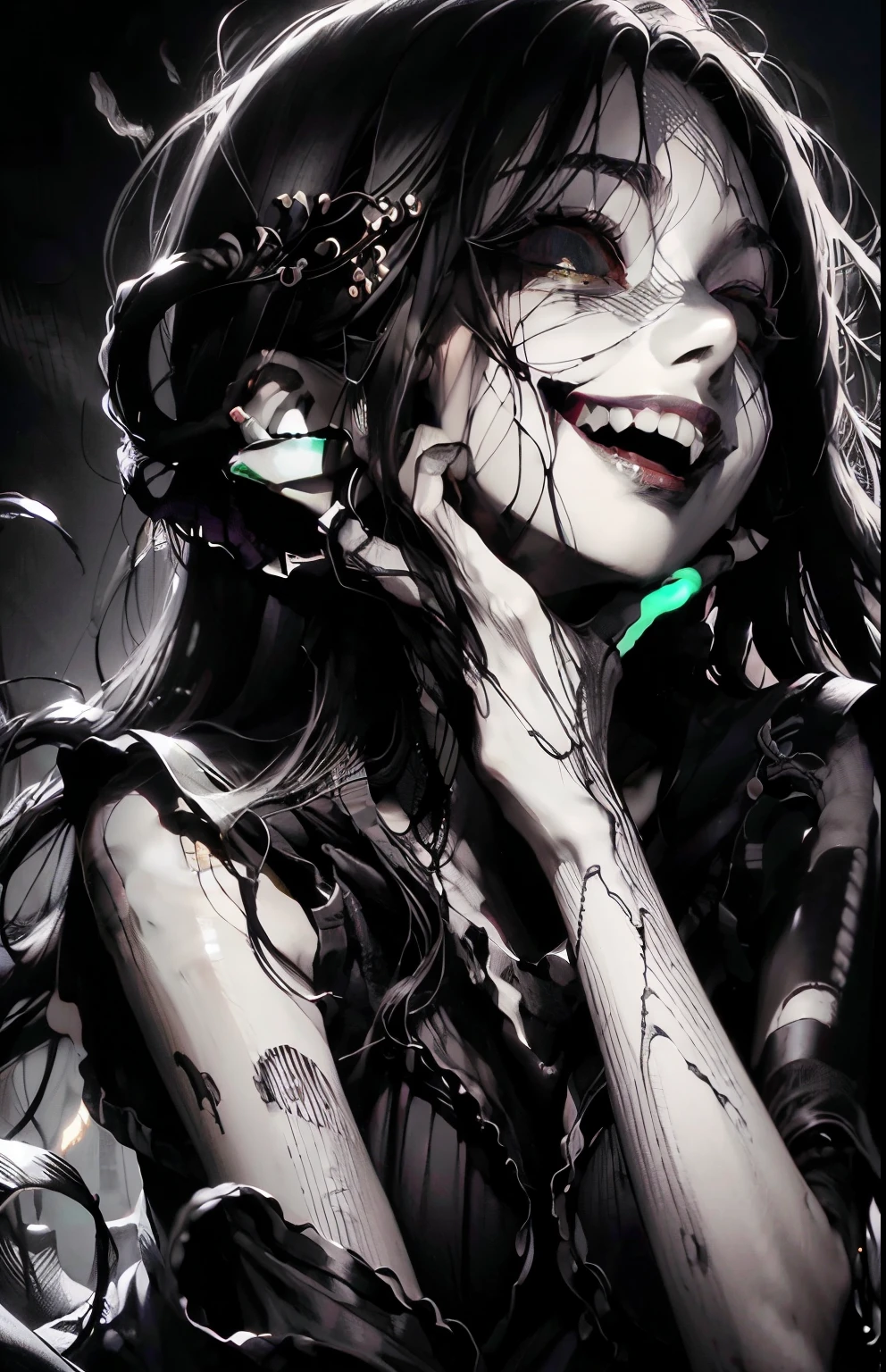 (A hyper-realistic), (Illustration), (Increased resolution), (8K), (Extremely detailed), (Best Illustration), (Beautiful and detailed eyes), (Best Quality), (ultra-detailliert), (masutepiece ), ( Wallpaper), (Detailed face), Solo, 1 girl, 5, Looking at Viewer, Fine details, Detailed face, In the Dark, Deep Shadows, lowkey, pureerosfaceace_v1,  Long hair, Black shawl straight hair , 46 point slanted bangs, masutepiece, Best Quality, 35 mm, 8K, absurderes, Beautiful Girl, (Upper body, dark grey background:1.4), (black classical dress, Black hair:1.6), slender, Dark Studio, Rim lighting, A hyper-realistic, hight resolution, Photography, Film grain, chromatic abberation, depth of fields, Sharp Focus, nffsw, face lights, Dynamic lighting, Cinematic lighting, Professional Shadow, dark shadow, highest details, highly detailed, ultra-detailliert, finely detail, Real Skin, Delicate facial features, Detailed face and eyes, Sharp pupils, Realistic pupils, long black hair with bangs, Black hair top , green eyes, Emerald eyes, crazy laugh, crazy expression. Restrained by shadowy hands. Wide open eyes. Big eyes, black tentacles and tendrils. (Tentacles :1.3). Very wide and creepy laugh, eyes very wide and looking up. (Psychotic laugh:1.3), (wet:1.2). Hands on her cheeks, (hands on the face:1.5), yandere. (Restrained:1.1). Horror. Bound.