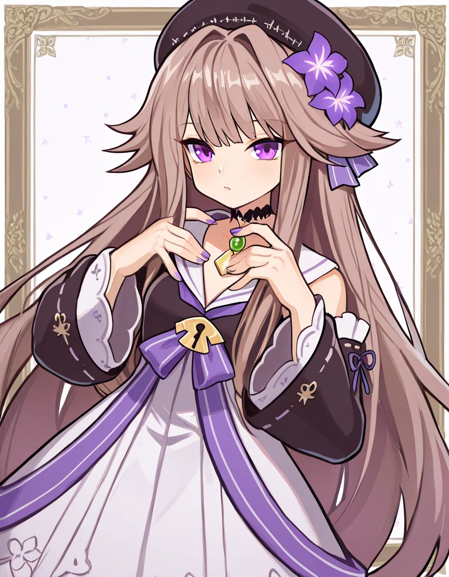 1girl, looking at viewer, smile, smug face,
hands on hips,
pikkyherta, 1girl, long hair, purple (glowing:1.2) eyes, solo, hat, dress, bangs, looking at viewer, flower, (doll joints:1.1), brown hair, hair ornament, black headwear, hair flower, chains, frills,
<lora:hertaStarRailV1:1>
<lora:gridman_offset:1:OUT8>