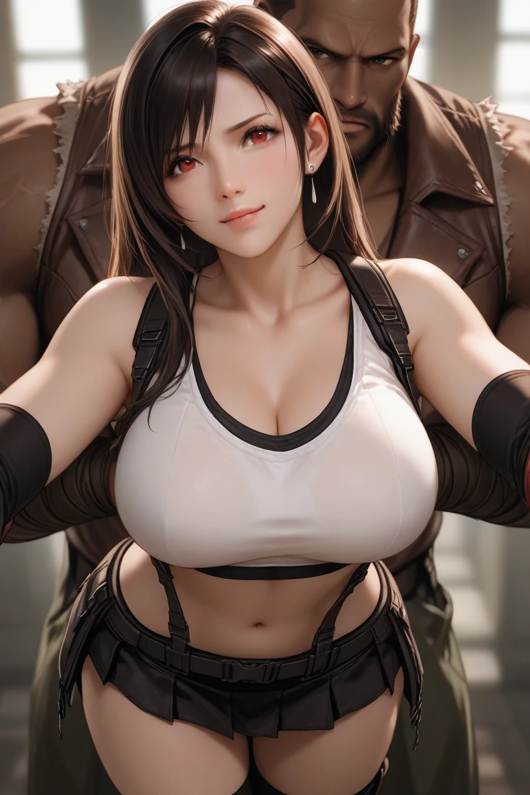Final Fantasy 7: Tifa romantic snuggle on a black strong man as she fall in love with him, a black strong man cuddle Tifa if he is protect her, romantic poses