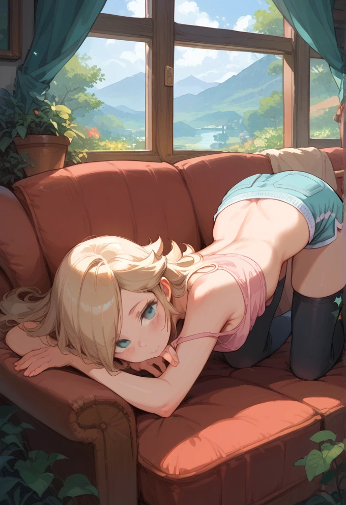 (masterpiece, best quality:1.2), full body, solo, Android 18 from Dragon Ball, ((pink string bikini, black thin thigh highs, spread legs, beautiful butt)), small breasts, short blonde hair loose, ((close eyes)), earrings on earlobes, slender feminine figure, skinny body, cleavage, light blush, chill, organized, simple, white-based interior, a few plants, cloudy sky, terrace, magnificent view, blur background, 4K, on the cute chair, (pale blue chair), midriff-baring, beautiful armpits, arms up behind, Hip Raises, Butt Lift,