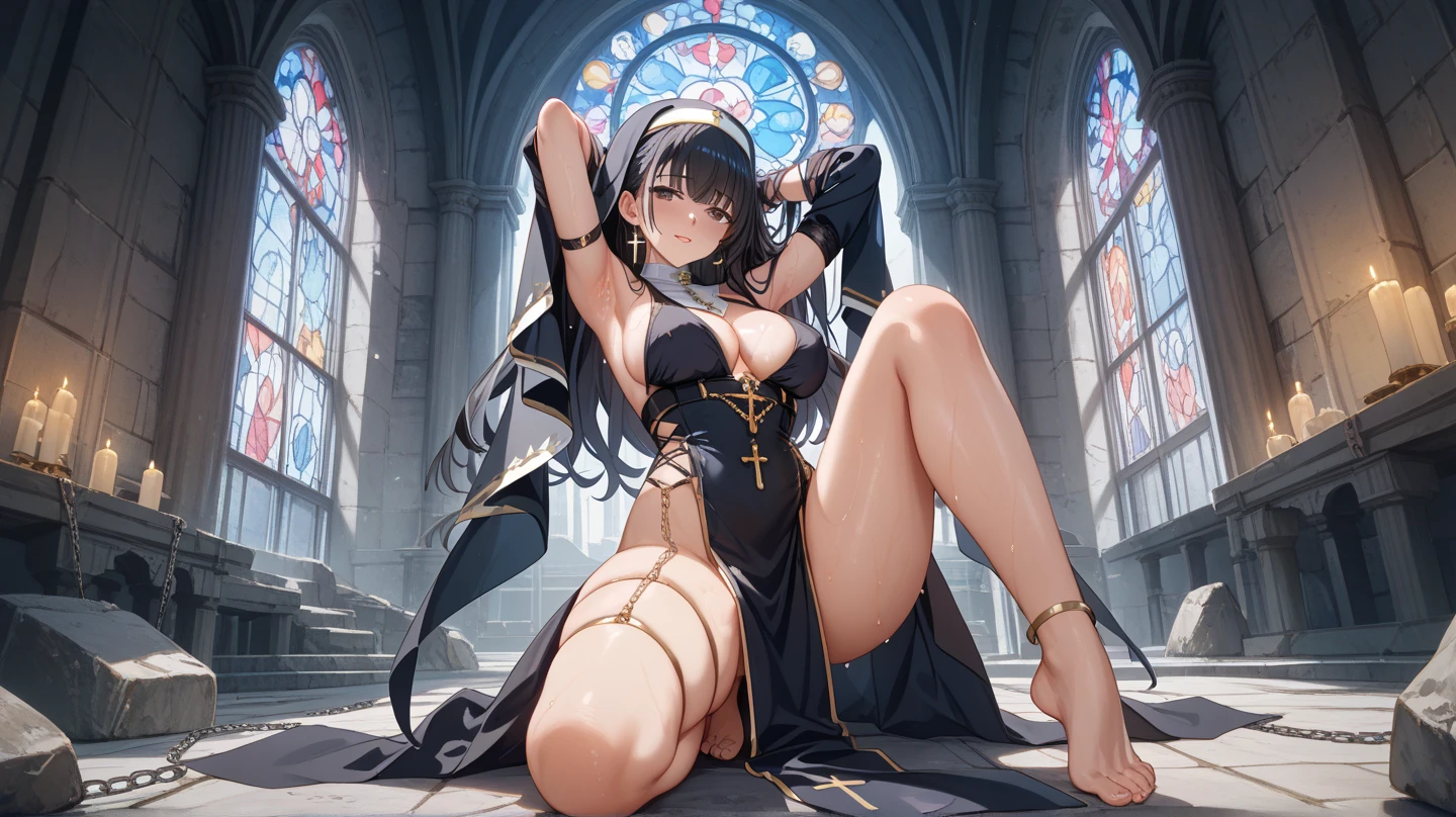 (high resolution, The pixels are perfect, luxurious illustration), (hyper qualit, Masterpiece, Ethereal: 1.4), (((see-through tabard:1.4))),nun,(((kneeling on table))),in church,((dark nipple)), ((bare Carmelto)),mature female,Black areola,female public hair,(((Breasts seem to overflow from the tabard))),wetted skin, Armpit hairy,(((A MILF: 1.4))), (Curvy:1.35),((((Dark skin)))),long hair,Curvy physique, Thick body,((Sexual suggestiveness)),Seductive smile,high-heels