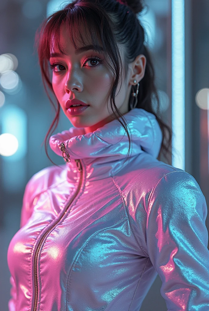 Top Quality, Masterpiece, High Resolution, 8k, (((cute skinny barely legal girl in oversized shiny puffer with plunging neckline, small perky breasts, beautiful detailed eyes, beautiful detailed lips, small closed mouth, extremely detailed face, tanned skin, random long hair style, small hips))), cyberpunk, moody atmosphere, dramatic and random neon colors, futuristic setting, intricate details, at night, backlit, random neon color, full body shot, view from distance, random pose