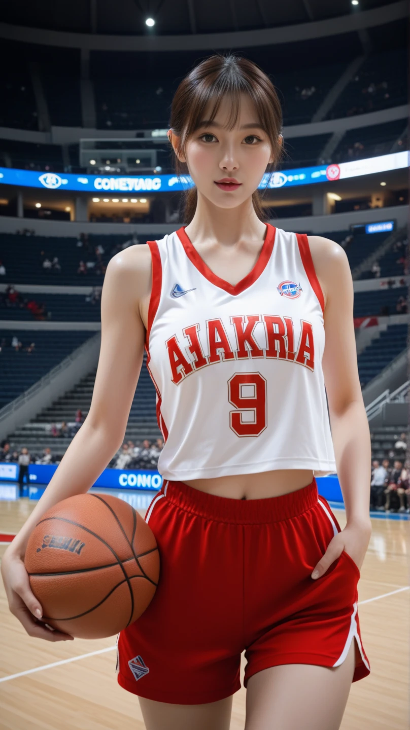busty japanese lady、whole body、front、The most beautiful woman in Japan、He is wearing a white long-sleeved jersey、Bright eyes with sharp details（Looking into the camera）Blonde、