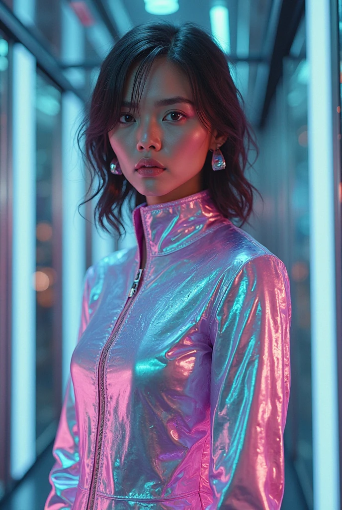 Ultra realistic photography, ultra detailed 16k, sharp photography, wide angle, full body, ((2 cute barely legal teenager in light pink blue shiny puffer with plunging neckline, short sleeves, wide neckline, deep neckline, small perky breasts, extremely detailed face, detailed slightly open eyes, beautiful detailed lips, short random hair style, small hips, slender body, very young)), in a spaceship, on bed, intricate details, at night, backlit, random neon color, full body shot, view from distance, random pose