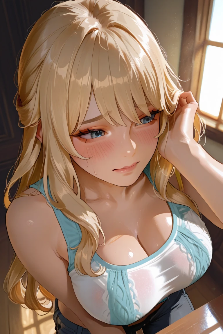 ((((Small breasts)))), ((living room)), one woman, mole, (((((beauty mark))))), (nervous), (red cheek), (((evil smiling))), grinning, long hair, wave hair, diagonal bangs, shiny hair, (blonde), blue eyes, looking at viewer, tall, slender, ((white blouse)), off shoulder, skirt, (thick lips), white skin, leaning forward, ((((steaming body)))), ((((sweaty)))), (((tareme))), (((MILF)))