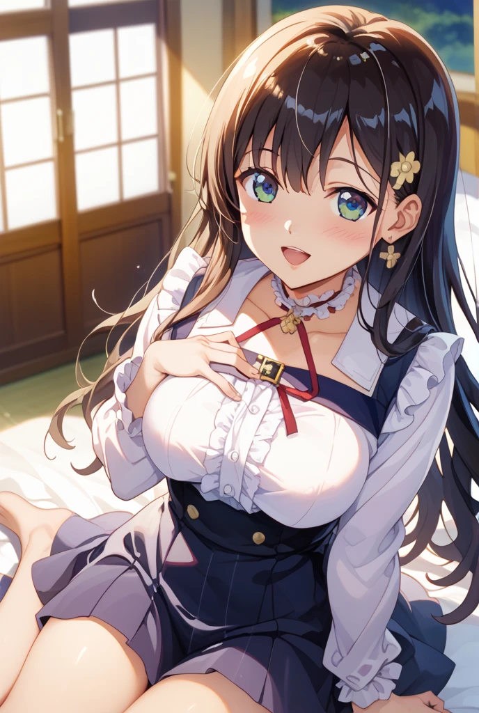 debris flies, highest quality, Highly detailed CG Unity 8K wallpaper, sexy witch , Long length hair、Dark blonde wavy hair、off shoulder knit, dark blue pleated skirt, stockings、medium breasts, saggy breasts, Pose that emphasizes the chest, blush, shy smile, bare shoulders, (((lift up the skirt with both hands、open your legs wide、please open your knees))）、、nice magic book、church bed、lying in bed、、pink panties、pink good