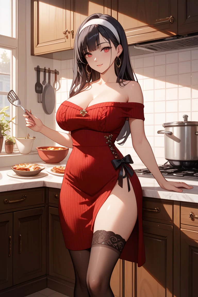 masterpiece, yor, 1girl, Amazing Cleavage:1.3, thin waist, big ass, Raised sexy, medium breast: 1.6 posed cleavage:1.2、solo, looking at viewer, open mouth, have a cup of coffee,black hair, red eyes, dress, bare shoulders, jewelry, collarbone, sidelocks, hairband, earrings, indoors, off shoulder, :o, sweater, arms behind back, plant, short hair with long locks, white hairband, off-shoulder dress, sweater dress, off-shoulder sweater, red sweater:1.2, big side hair, very long side hair,is rendered in (masterpiece: 1.2, best quality), with (ultra high resolution) and an exquisite (depth of field). This masterpiece is not only visually stunning but also tells, make of cooking chainese foods ,in the kitchen