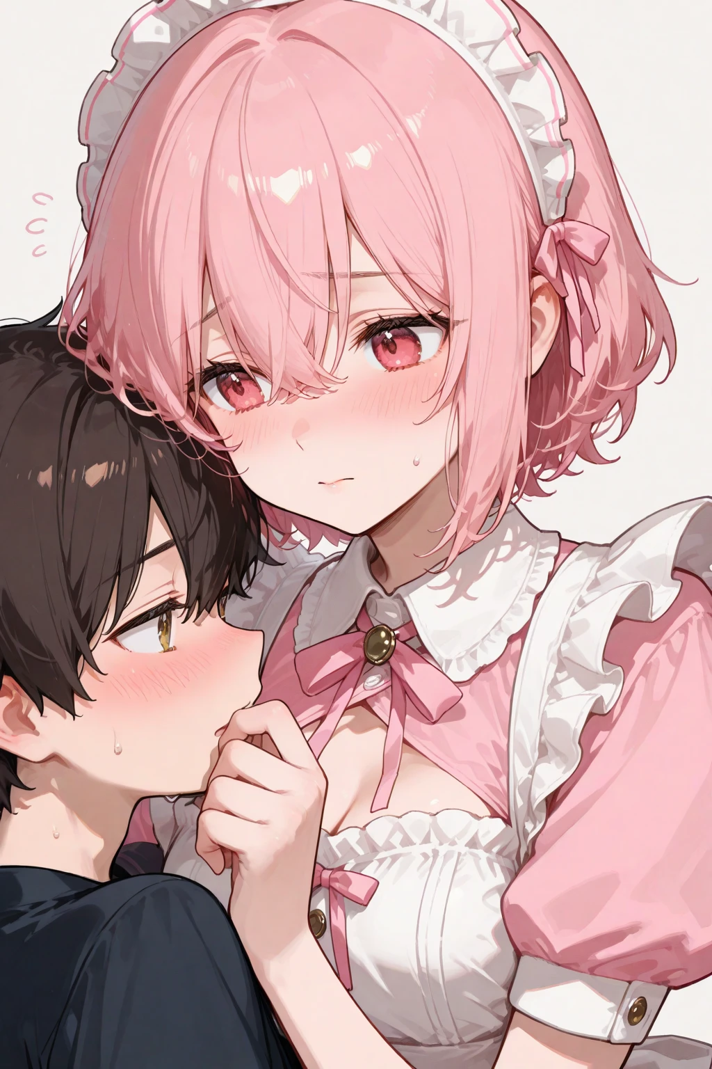 masterpiece, Highest quality, so beautiful, absurdists,High resolution,One girl, One boy,Cuddling in bed, like,sexly,Look at each one, blush,Age difference,bow tie,blondes,chest,Long Hair,Pink Hair,Tucked in shirt,short hair,skirt,Tent shirt,Slut,Big breasted sister and brother,Siblings, trousers,Pushing her big tits against her brother,(My brother's small ????? penis),((((姉のHUGE breasts,Sister crushes her big tits in her brother's face)))),((((Very large breasts)))),((small penis,NSFW,潰れた Very large breasts)),((Bursting Breasts,Cover part of face with chest))