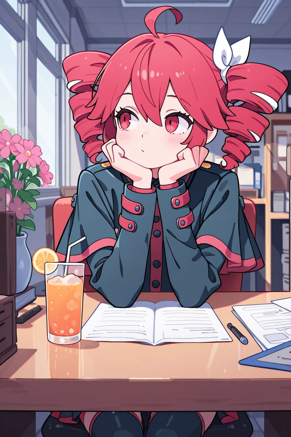 1girl,kasane_teto, minimalist coloring,looking to the side, head rest,drink,office,masterpiece, best_quality, absurdres, newest, very aesthtetic, solo, indoor, vases, flower vases 