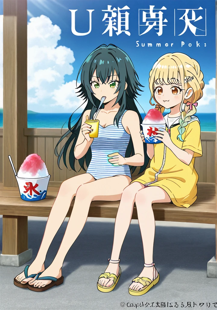 A girl with black bob hair wearing a swimsuit with a banana in her mouth is sitting on a train facing forward and looking up