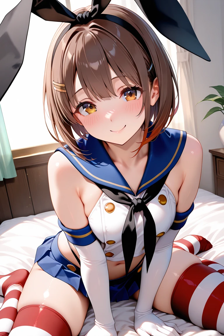 Highest quality, (masterpiece:1.2), Very detailed,
One girl, alone,
View your viewers, smile, Medium chest,
Brown eyes, Brown Hair, short hair, naked、((Thigh-high socks))、On the bed、((Sailor Warriors))、((Long gloves))、leotard、mini skirt、boots