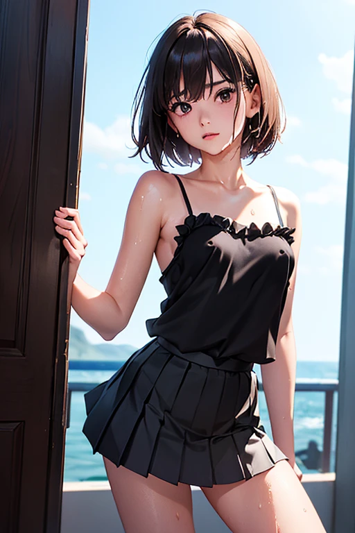 highest quality、cinematic lighting、girl、camisole、panties、balcony、Urban cityscape in the background、black hair、embarrassing、smile、daytime、