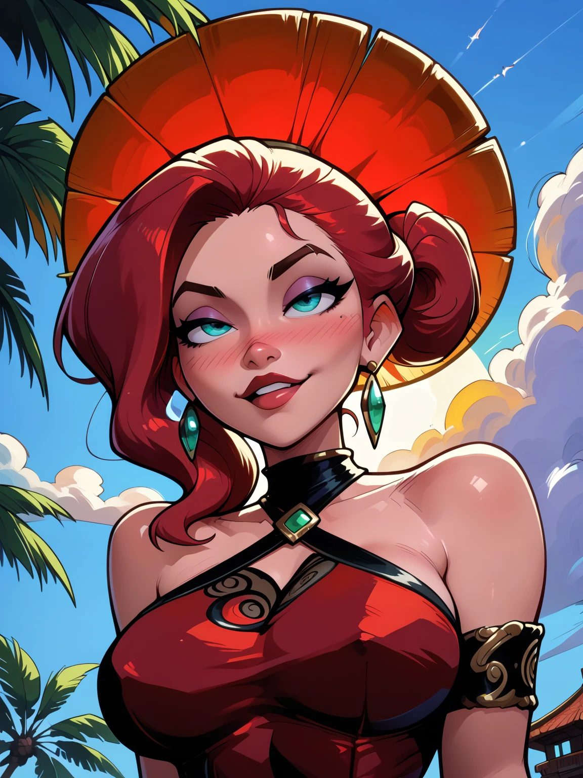 (masterpiece, best quality:1.2), linda_flynn-fletcher, 1girl, jewelry, earrings, solo, lipstick, hairband, makeup, breasts, large breasts, orange hair, short hair, crossed legs, smile, sitting, outdoors, beach, day, looking at viewer, wariza, sky, closed mouth, blue sky, umbrella, cloud, sand, seiza, beach umbrella,clivage ,((gstring bikini))