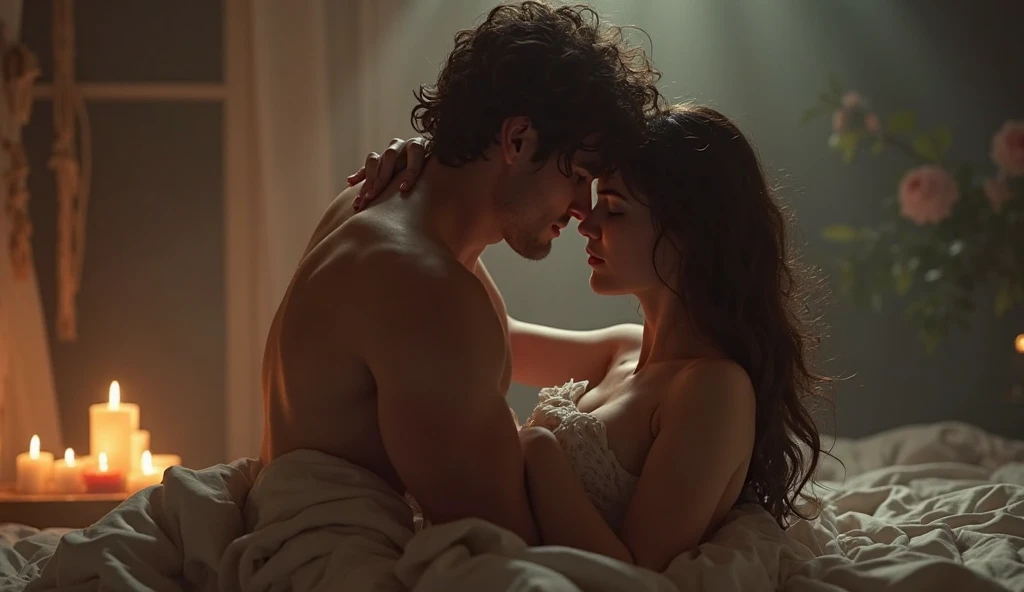 195 cm tall, 28-year-old man, wavy brown side parted hair, blue-black skin, purple eyes, French-Nubian features, shirtless, cream pants, gentle closed mouth smile looking down, holding dagger to the shoulder of a 24-year-old far shorter woman with hesitant expression looking at ceiling while laying on bed with vibrant maroon side parted wavy hair and light skin wearing black and blue matching bra and hipsters on an ivory plush bed in a French classical bedroom, dark lighting, photorealistic, cinematic