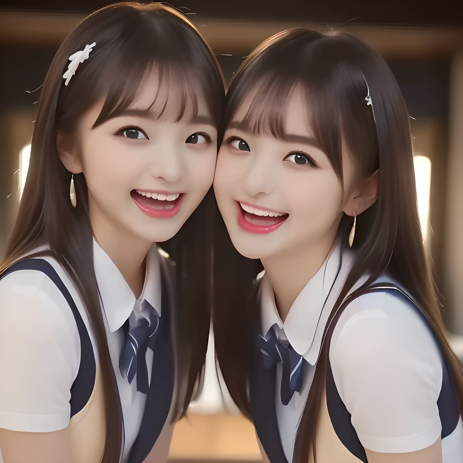 (highest quality, masterpiece, high resolution:1.2), 4K, (Clearly detailed foreground: 1.8), geometry, (Two succubi of Cute noble beautiful slender girl girly Japanese photo model are (singing in a classic music hall) and looking at the viewer with her too beautiful eyes like laughing fashion model: 1.3), (Using expensive face-whitening cosmetics to make her skin more beautiful and pure by professional makeup artist: 1.5), ((Dark blue) Japanese school girly vest Uniform with neat girly light-yellow short-sleeves school blouse, puffed short sleeves: 1.2), (white socks and school loafers, kicking back: 1.5), (Dark red glossy glossy school ribbon on the breast: 1.0), (Extremely laughing cheeks: 1.8), (Beautiful light-amber large clear open eyes with balanced and detailed cutely: 1.4), (double eyelids: 1.0), (highly curled bangs: 1.2), (Expressing the greatest joy with her whole body: 1.2), (Glossy lips: 1.0), (too long hair reaches her hips: 1.7), (cute earrings), (making the viewer crazy with her beautiful hands: 1.6), (white and clear skin: 1.0), (Laughing cute princess's eyes looking at me: 0.8), (Everything is organized to have strong effect of hypnosis for the viewer to fall into happy dream with many beautiful girls: 1.5), (The girls know well about the viewer's super fetishism for school uniforms, and satisfies it completely: 1.7)