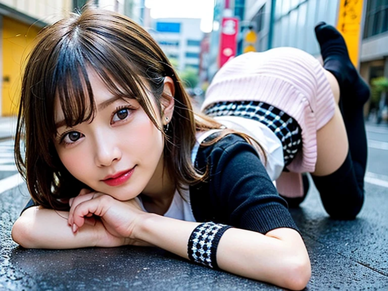 Tabletop、supreme beauty、masterpiece, 1 girl, solo, (Long sleeve tops:1.2),(Close-up of a woman squatting on the sidewalk with her legs crossed:1.3),(skirt:1.4),(White panties:1.4 (Stock Emphasis;1.3)、Slender、Natural light、 Attention to detail, Depth of written boundary, 135mm, Textured skin, Super detailed, high quality, Awards, 最high quality, High resolution, 8K, White skin,Brown Hair、Cute face、Beauty、Age 25、Per capita in Japan、Correct skeleton、Random Hairstyles、(Facing forward),smile、Thick thighs、(Panty shot:1.3)
