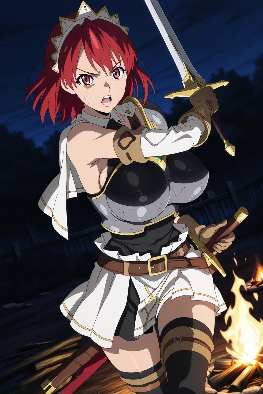 best quality, masterpiece, high quality, vesta_harem, 1girl, large breasts, cleavage, navel_cutout, side_slit, [[[[[red eyes]]]]], BREAK (red_leggings), oversized_belt, white_dress, [[[white_loincloth]]], bare_hips, BREAK holding_sword, navel, underground, [cave_interior:20], hallway, stone_wall, stone_floor, stone_walkway, BREAK ((dark))