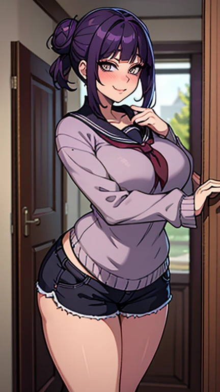 masterpiece, best quality, ultra detailed, art station, (full body in frame), 1girl, romanticism, solo, (detailed face), cute face, (((slim face))), ((sharp jawline)), blush:1.2, (heart shaped pupil:1.4), (((seductive smile:1.1))), gasp, steam, (big eyes), panic, flustered, wind swept hair, cute choker, black choker, bowtie, (((tight school uniform))), (((mini school uniform))), (cropped school unform), (((unbuttoned:1.3))), ((bikini:1.6)), medium large boobs, perky boobs, puffy nipples, perky nipples, cleavage visible, showing off cleavage, showing off midriff, (showing off belly), bloated belly, puffy belly, ballooned belly, round belly, evenly curved belly, slightly chubby belly, (muffin top belly:1.1), abs, slightly muscular abs, accurate belly button, accurate lower belly, (slim waist), (wide hips), (panty strings:1.1), (((thong strings:1.1))), (mini skirt), thick thighs, (muscular thighs:1.2), (muffin thighs:1.2), thigh highs, looking at viewer, (dutch angle:1.2), facing the viewer, out of focus background, blur background, (background in a school hallway:1.3), perverts, (dappling sunlight:1.3), (vibrant colours:1.2), bright colours, (((NSFW:1.2)))