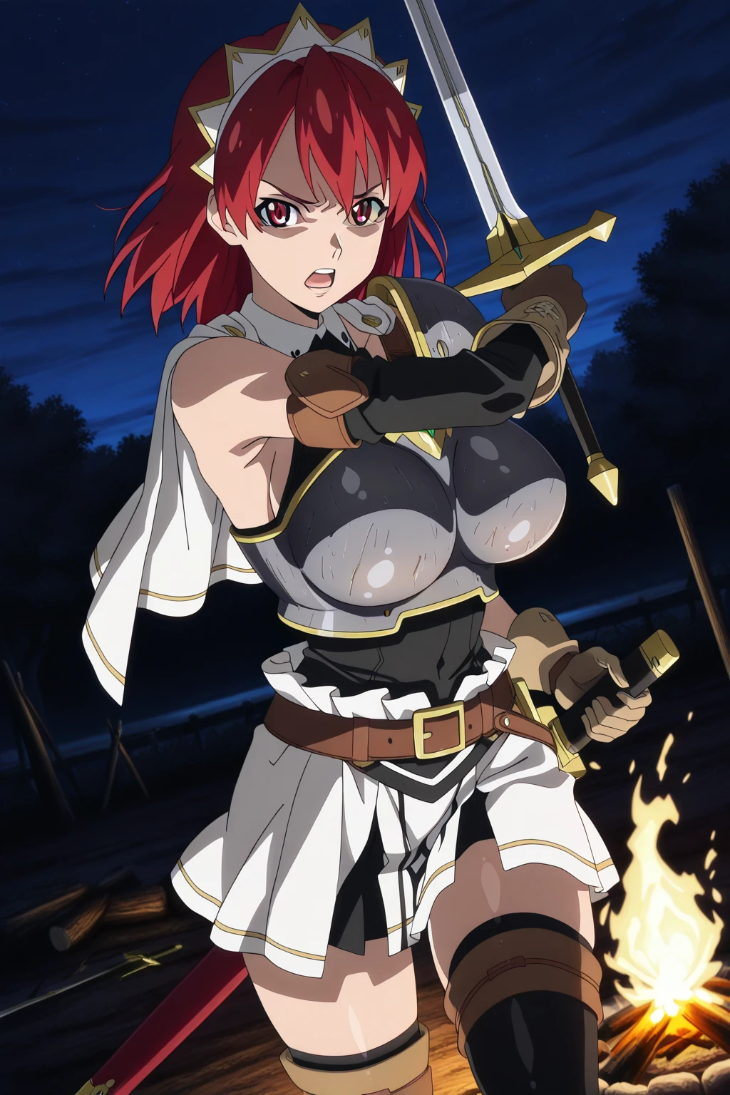 (vesta_harem:1.2), (1girl:1.2), (solo:1.6), sword, large breasts, red eyes, red hair, short hair, tall, smile, closed_mouth, looking_at_viewer, dual_wielding, 2 sword, (((hand_on_hilt))), holding_sword, collar, white_shirt, red_trim, cleavage, navel_cutout, sleeveless, BREAK red_leggings, forearms:(((spiked_arm))), armlet, black_belt, oversized_belt, [dress], highres, absurdres, (dungeon:1.6), hallway, stone, mossy