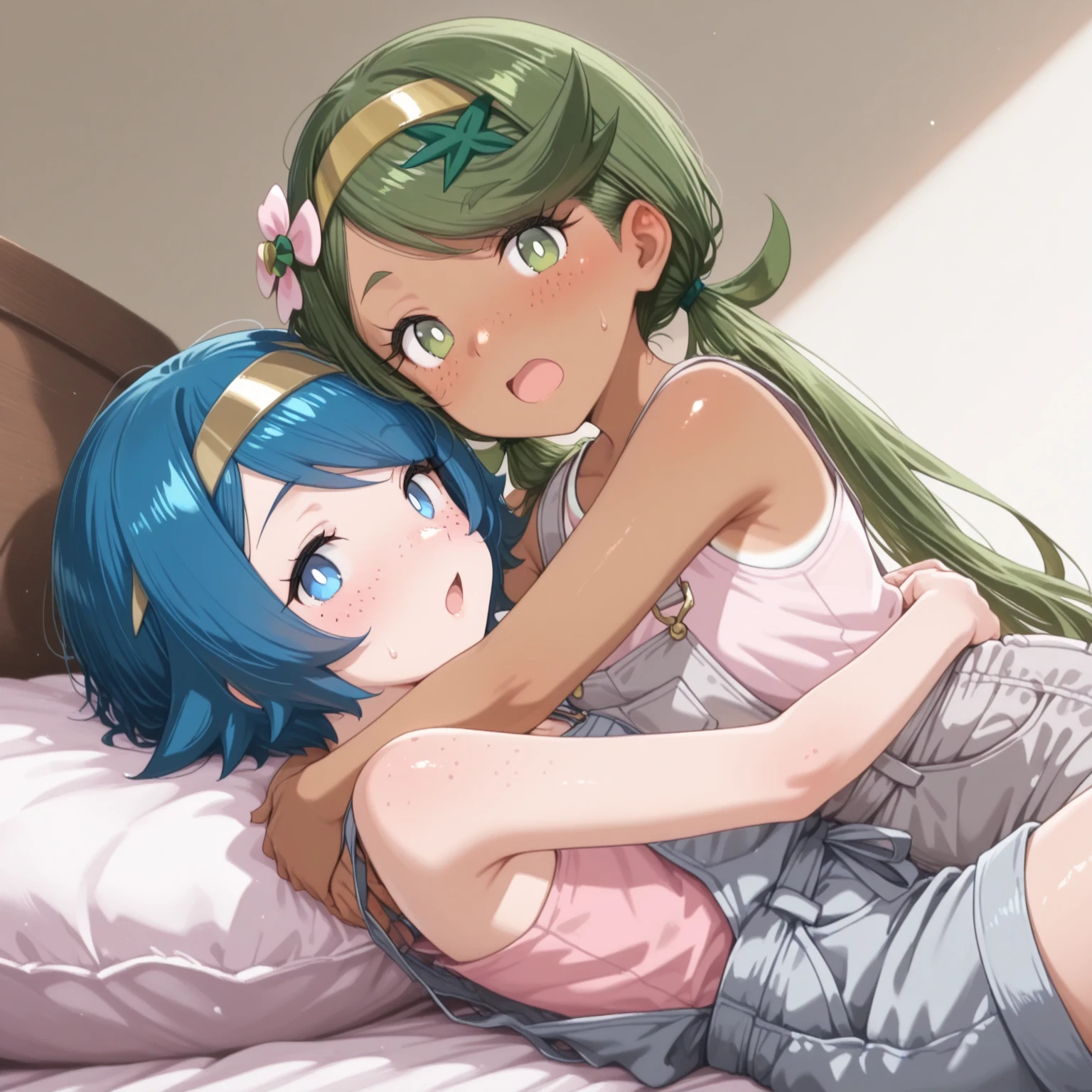 nsfw,1 male,Sweat,White Breath,Futanari,Pokémon,Lillie,room,Side view,Nipple licking,Embarrassed expression,Lillie横になる