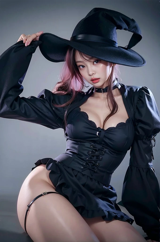 full body display、Magician Woman、18-year-old、a black and compact hat、wearing a hat tilted to the side、wearing a black and short cloak、Black bodysuit、More exposed skin、Beautiful Face、Black Bob Hair、He is chanting a spell with a serious face.、The body is facing forward、holding a staff with a jewel shining at the tip、The cane is held in front、The background is a volcanic area、