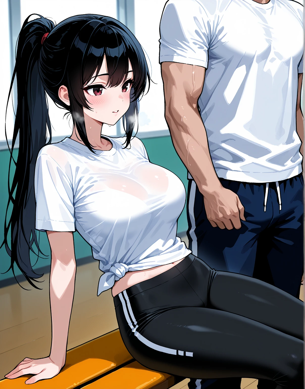 gym, workout, hot, sweating, sweaty, tan, big , tan skin, flustered, blush, black clothes, see thru, yoga pants, man standing behind girl, man behind touching , grabbing , boob grab huge big ass pressed against the man with his arms on her camel toe