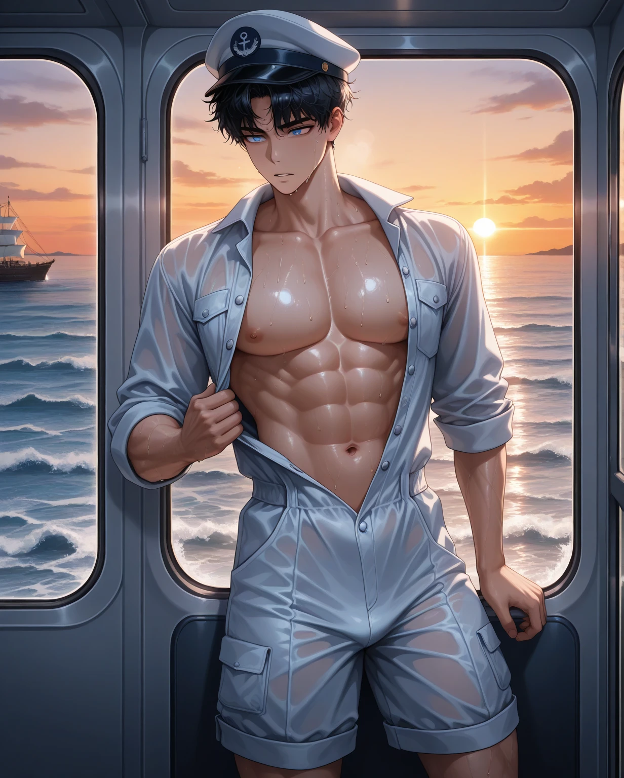((best quality)), ((Masterpiece)), (details), perfect face,high definition,Masterpiece,4k,details clearly,,,Handsome face,white skin,perfect body,male body,strong muscles,Abdomen muscles are wavy..,abdomen,blue eyes,white skin,The most handsome man in the world,handsome,,The coolest face,Male characters,Strong breasts,beautiful eyes,Look clearly....,short hair,black hair,face be happy,Kindness,perfect body,Wavy abdominal muscles,Bright skin,healthy,Men's underwear,Dark eyebrows,Shirtless,model,bright light,condescending,be happy,Wet skin,Yacht,on the Yacht,clear sky,beautiful ocean,stand on boat,The wind is blowing,relax,Beautiful mouth,Full HD,beautiful light,sunlight,Body Focus,Have muscles,beautiful eyes,V-shaped,perfect male face,handsome,sexy man,windy,strong thighs,sexy men swimsuit,hot man,Spread your legs,lie down