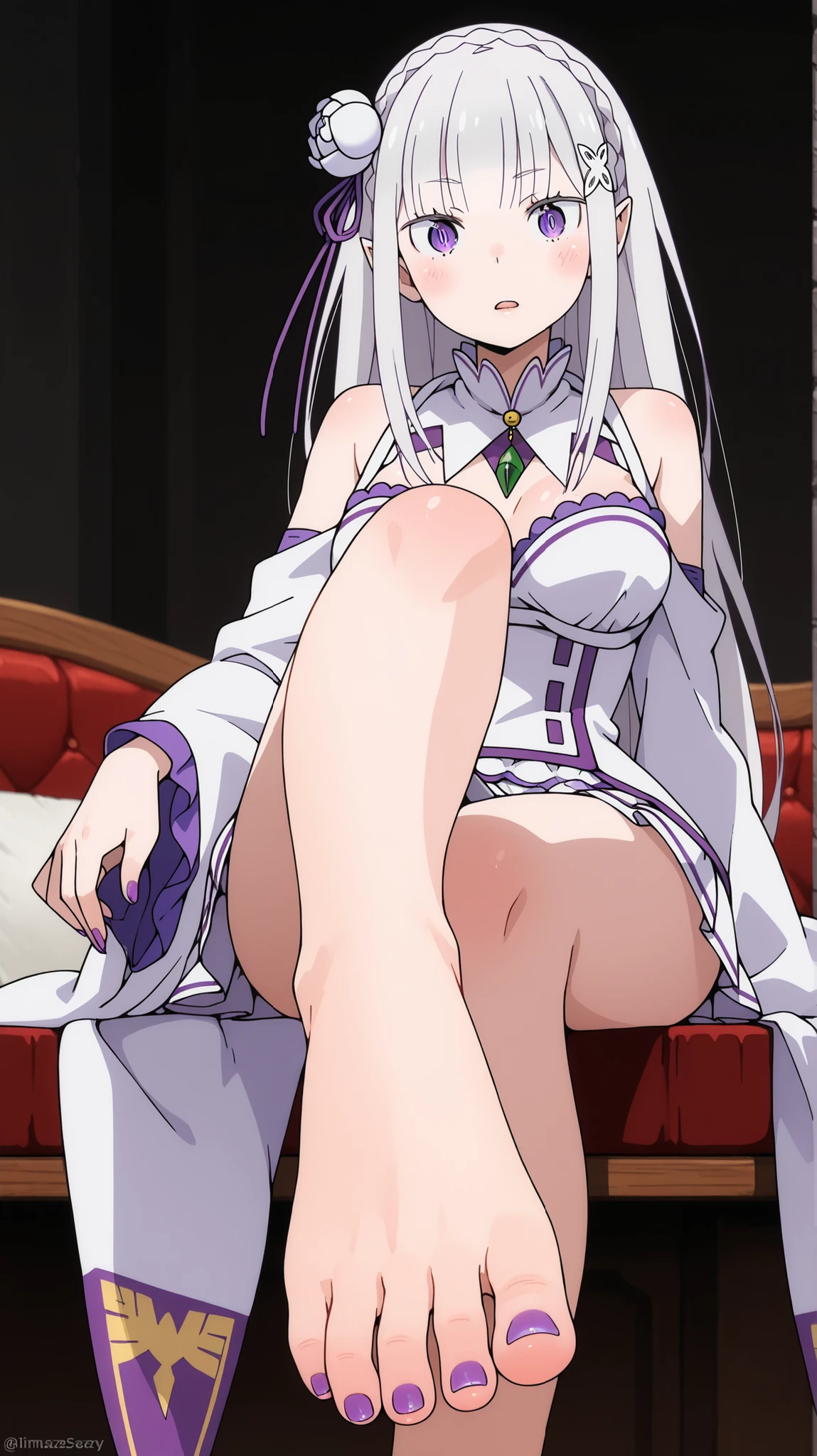 1 girl,amelia (floor plan about:commend),pointed ears,white hair,white hair,very long hair,blunt bangs,purple eyes,alone, Face the observer, view viewer, upper part of body, (((She lifted her shirt, Reveal under her bra))).(Skirt lift:1.3), (thongs:1.1),White panties,.((sit on the chair,spread legs)), bends his knees,spread legs,