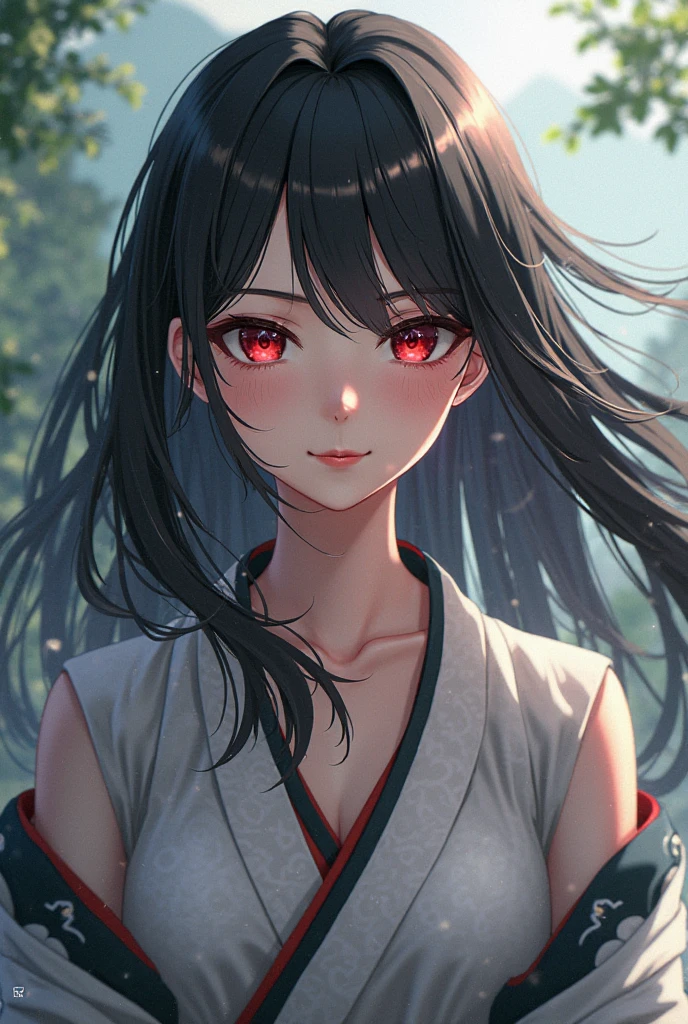 1 girl, A high resolution, (Anime style:1.1), ((masterpiece:1.5)), ((Best quality:1.3)), (very ultra-detailed:1.3), (Beautiful:1.3), 独奏, Beautiful face, 15 year old, radiant skin, at the garden, historical dramatic scene, wearing gorgeous kimono, black hair, (black long hair:1.3), (red eyes:1.3), view the viewer, Lens flare, Dramatic, (small breast:1.3).