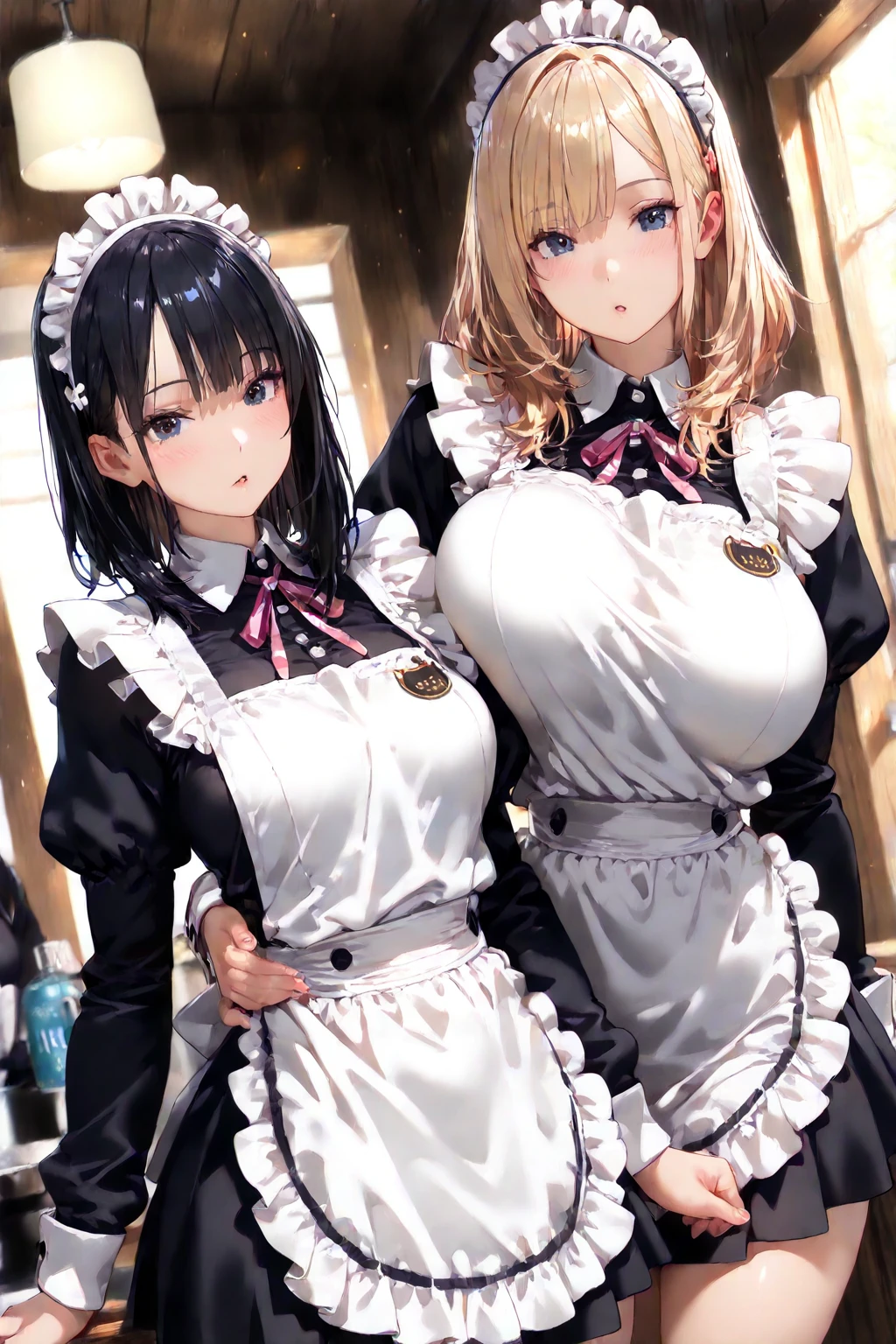 A woman with big ,Gorgeous woman,Mature,ahegao,Long blond hair,twintails,Exquisite,maid,blue,Cleavage,Areola,Slim waist,Smooth legs,blush,ta,kitchen,