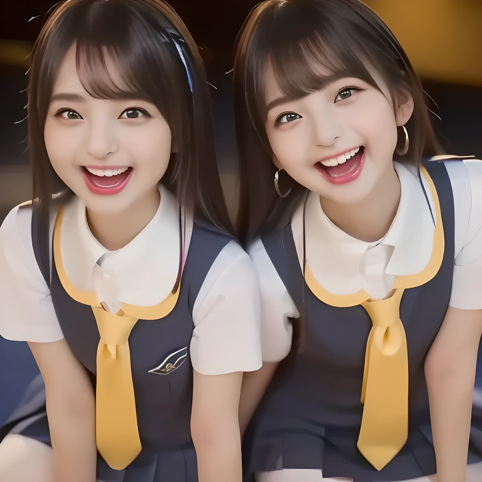 (highest quality, masterpiece, high resolution:1.2), 4K, (Clearly detailed foreground: 1.8), geometry, (Two succubi of Cute noble beautiful slender girl girly Japanese photo model are (singing in a classic music hall) and looking at the viewer with her too beautiful eyes like laughing fashion model: 1.3), (Using expensive face-whitening cosmetics to make her skin more beautiful and pure by professional makeup artist: 1.5), ((Dark blue) Japanese school girly vest Uniform with neat girly light-yellow short-sleeves school blouse, puffed short sleeves: 1.2), (white socks and school loafers, kicking back: 1.5), (Dark red glossy glossy school ribbon on the breast: 1.0), (Extremely laughing cheeks: 1.8), (Beautiful light-amber large clear open eyes with balanced and detailed cutely: 1.4), (double eyelids: 1.0), (highly curled bangs: 1.2), (Expressing the greatest joy with her whole body: 1.2), (Glossy lips: 1.0), (too long hair reaches her hips: 1.7), (cute earrings), (making the viewer crazy with her beautiful hands: 1.6), (white and clear skin: 1.0), (Laughing cute princess's eyes looking at me: 0.8), (Everything is organized to have strong effect of hypnosis for the viewer to fall into happy dream with many beautiful girls: 1.5), (The girls know well about the viewer's super fetishism for school uniforms, and satisfies it completely: 1.7)