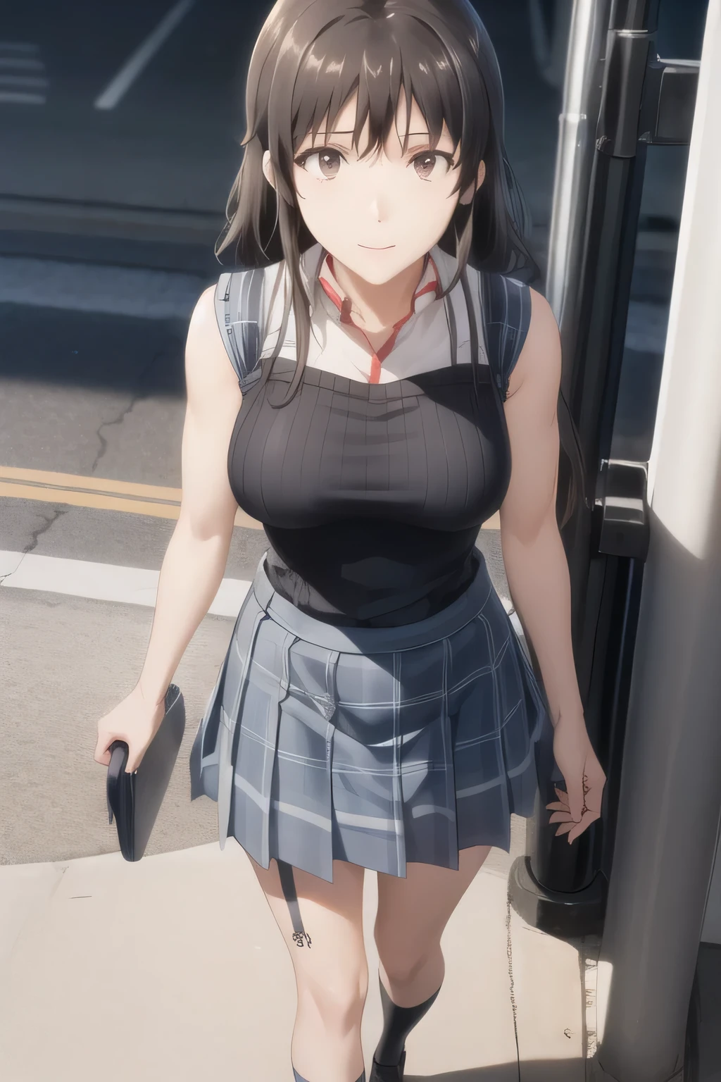 sleeveless black wool sweater,Hide your chest with a costume,High socks on my feet, long black hair,,accurate representation of hands and feet,Draw something big ,nice smile,Beautiful Legs,I'm wearing high socks with a garter belt,can you draw blondes,nice smile,The face is absolutely necessary,Pleated Mini Skirt,Can you draw a woman staring at a train,paint a picture of a woman waiting in front of a car,東京の地下鉄ホームでwaiting for the train女性は描けますか, ,congestion,waiting for the train,Fun,Underground railway stations ,The sign hanging on the wall,{{X}},More delicate look ,walking alone, city tour ,,(((, A woman with a nice smile looking at me {x} wears casual clothes inspired by tourists))),animated CG, ,(Let's draw a more delicate look),(sleeveless wool sweater),( Pleated Legs,white panties),(That work is enough for one person {X} is very important for work)、 That's enough,frowning。unless the job requires it。 {X}、 , An attractive 40-year-old woman takes off her uniform、jump off, Big black wavy hair, , Big breasts, Thin Waist , , ,Faces are very important,