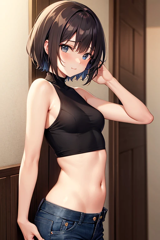 highest quality,wonderful,finely,extremely detailed CG Unity 8K wallpaper, (1 girl,black hair, blue eyes,short hair, double bun), (small breasts:1.2), (school swimsuit:1.1), (bare shoulders:1.1), (clavicle:1.1), (underboob:1.3), (open mouth:1.2), (long tongue:1.2), (mouth drool:1.2), (zettai ryouiki:1.2),(constriction:1.2), (Are standing:1.2)